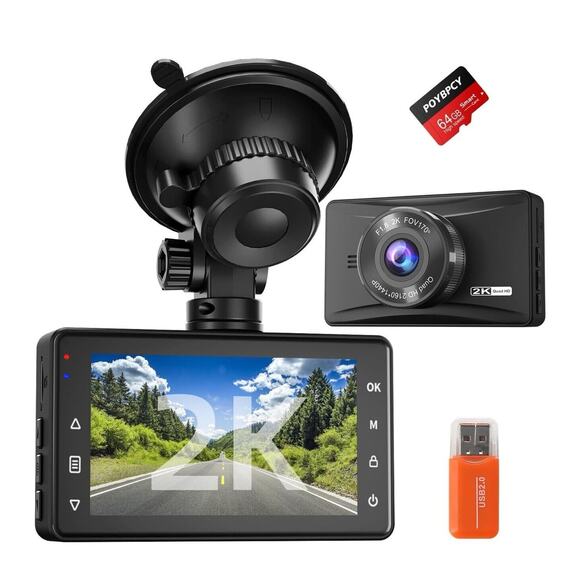 Dash Cam 2K Front 64 GB 1440P HD Camera, Night Vision 170° Wide Angle, Loop - 3” - Picture 1 of 14